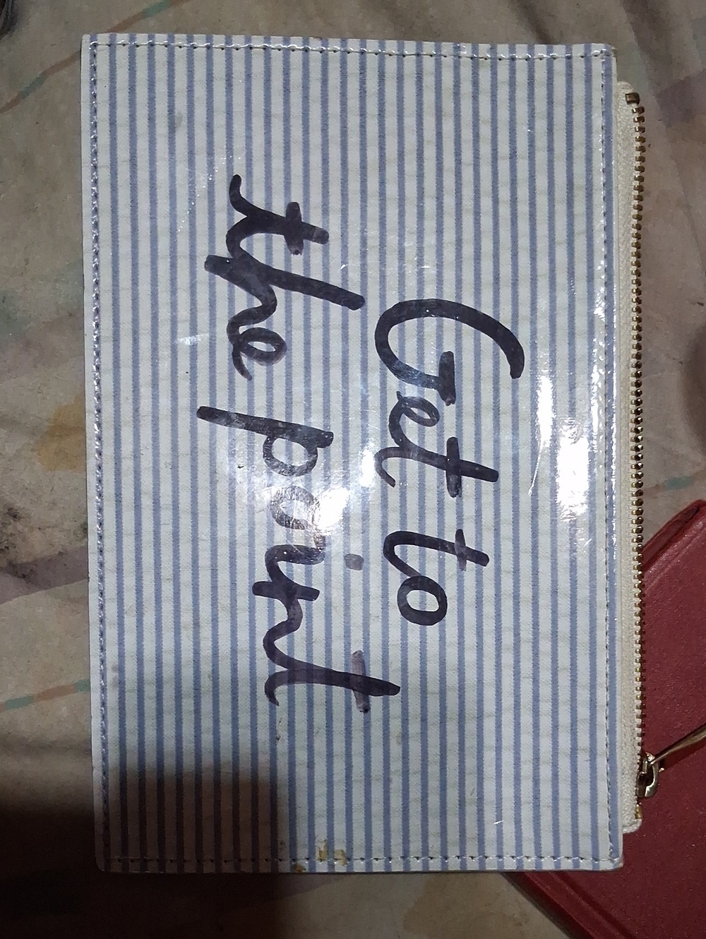 kate spade Blue and White Striped Zip Pouch with Script